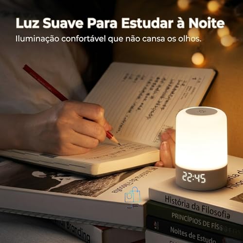 Luminária de Mesa LED Recarregável com Relógio Digital e Controle Remoto, Abajur Touch Ajustavel Sem Fio Portátil, Luz Noturna para Quarto Infantil, Berçário Escritório e Criado mudo