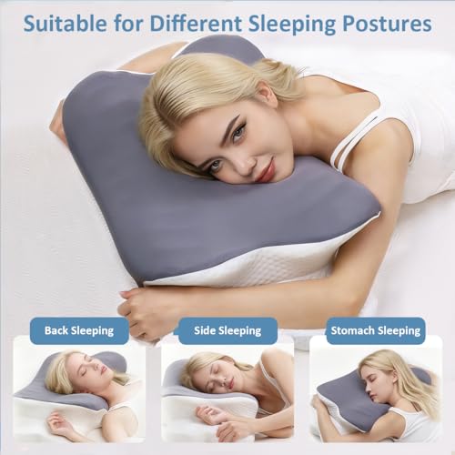 Memory Foam Pillow, Adjustable Butterfly Ergonomic Pillow, Cervical Neck Pillow for Pain Relief Contour Ergonomic Orthopedic Support Bed Pillow for Side Back Stomach Sleepers, Cooling Washable Cover