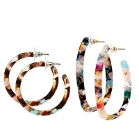 DHMK 2 Pairs Acrylic Hoop Earrings, Mottled Geometric Resin Stud Earrings Boho Statement Dangles Earrings Jewelry Set for Women Girls