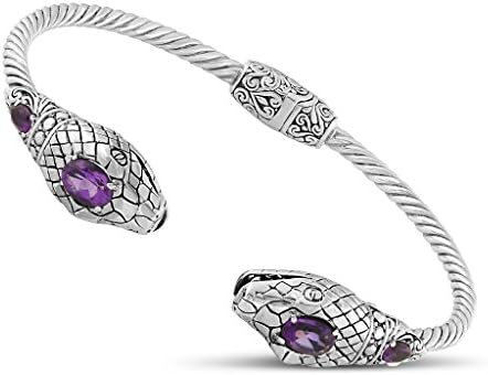 Touch of Bali, Gemstone Snake Hinged Cuff Bracelet, Amethyst, .925 Sterling Silver