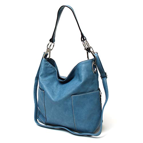 Americana Bucket Style Hobo Shoulder Bag with Big Snap Hook Hardware and Side Zipper Pocket