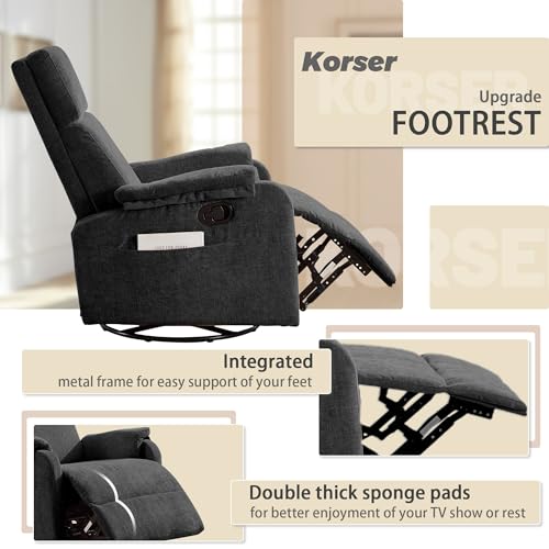 Korser Recliner Chair, Swivel Rocking Recliner Chair for Adults, Glider Rocking Chair, Small Nursery Chair Recliner for Living Room, Reclining Chair with Modern-Designed Armrests, Chenille, Black