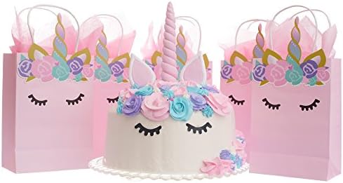 Quokkaloco Unicorn Party Set - Cake Topper (Horn, Ears and Eyelashes) with 5 Matching Favor Gift Bags - Handcrafted (Pink)