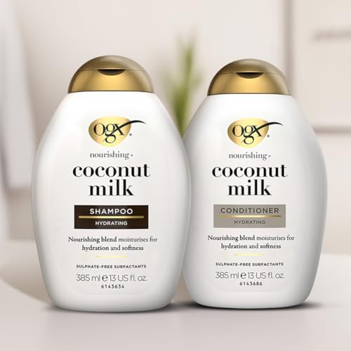OGX NOURISHING + COCONUT MILK CONDITIONER, HYDRATING & RESTORING CONDITIONER MOISTURIZES FOR SOFT HAIR AFTER THE FIRST USE, PARABENS-FREE, SULFATE-FREE SURFACTANTS, 13 FL. OZ