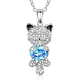 Smiling Lucky Cat Pendant Necklace - NinaMaid Animal Jewelry Oval Gemstone Made with Swarovski Crystal (Blue)