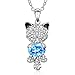 Smiling Lucky Cat Necklace NinaMaid Gold Plated Animal Jewelry Oval Crystal Pendant for Women 18 inch Blue