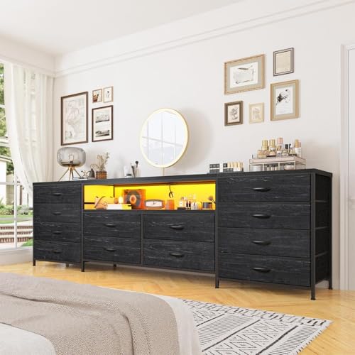 WELIKERA 160cm Mueble para TV con Cómoda, Extra Grande Muebles Tipo Tocador para Dormitorio con Luces LED y Tomas de Corriente, Tejido Largo Centro de Entretenimiento para TV con 12 Cajones