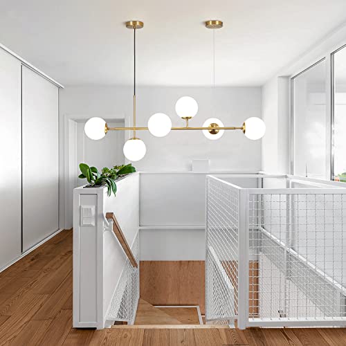 KCO Lighting 6 Light Milky Glass Chandelier, Modern Linear Globe Chandelier, White and Gold Pendant Lamp Mid-Century Rectangular Chandelier for Kitchen Island