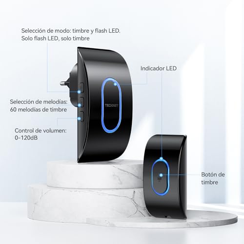 TECKNET Wireless Doorbell Outdoor Waterproof, IP65 Waterproof Doorbell 400M, 60 Melodies and 5 Volume Levels, 3 Working Modes, LED Indicator for Home, Living Room, Office - Black