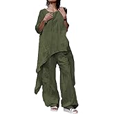 Mnpalettey Artistic Style Loose Suit, Women's Casual 3/4 Sleeve Irregular hem Dress Summer Round Neck Cotton Linen Pants