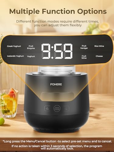 FOHERE Yogurt Maker with 2 XXL Jars Capacity 2000 ml and 1400 ml, 4 x 125 ml Cups and Lid, 8 Preset Programs, LCD Display, Timer, Power 20 W, BPA-Free