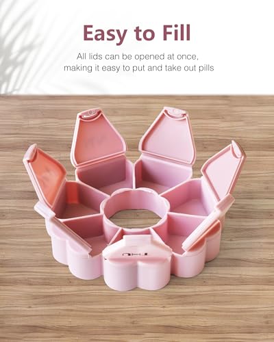 FHORAIN Weekly Pill Organiser, Cute, 7 Day, Large Compartments, Portable Tablet Box, Round, Vitamin and Supplement Case (Pink)