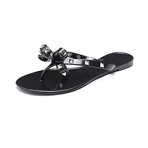 Utop Women’s Rivets Bowtie Flip Flops Jelly Thong Sandal Rubber Flat Slipper Summer Beach Rain Shoes Womens Gold Rivet Studded Bow Jelly Thong Flip Flop Sandals (US7.5=EU39=24.5CM, Black) - Thumbnail 3