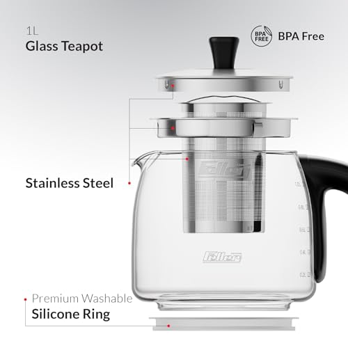 Feller Germany TS289 2-in-1 Tea Maker, 2L German Schott Glass Kettle + 1L Teapot, 2200W Strix Control, Keep Warm, BPA Free, Stainless Steel Filter (Stainless Steel)
