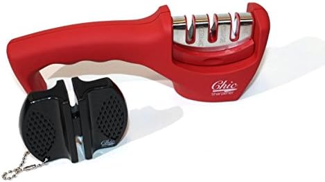 Chic Sharpener Professional Knife Sharpener 3-in-1Knife-sharpening System | Sharpens Both Steel &amp; Ceramic Knives in All Sizes in Red (Includes a FREE portable sharpener)