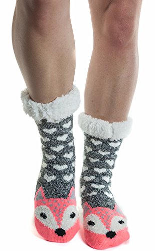 Women's Faux Fur Fuzzy Winter Animal Socks with Grippers -17 FOX