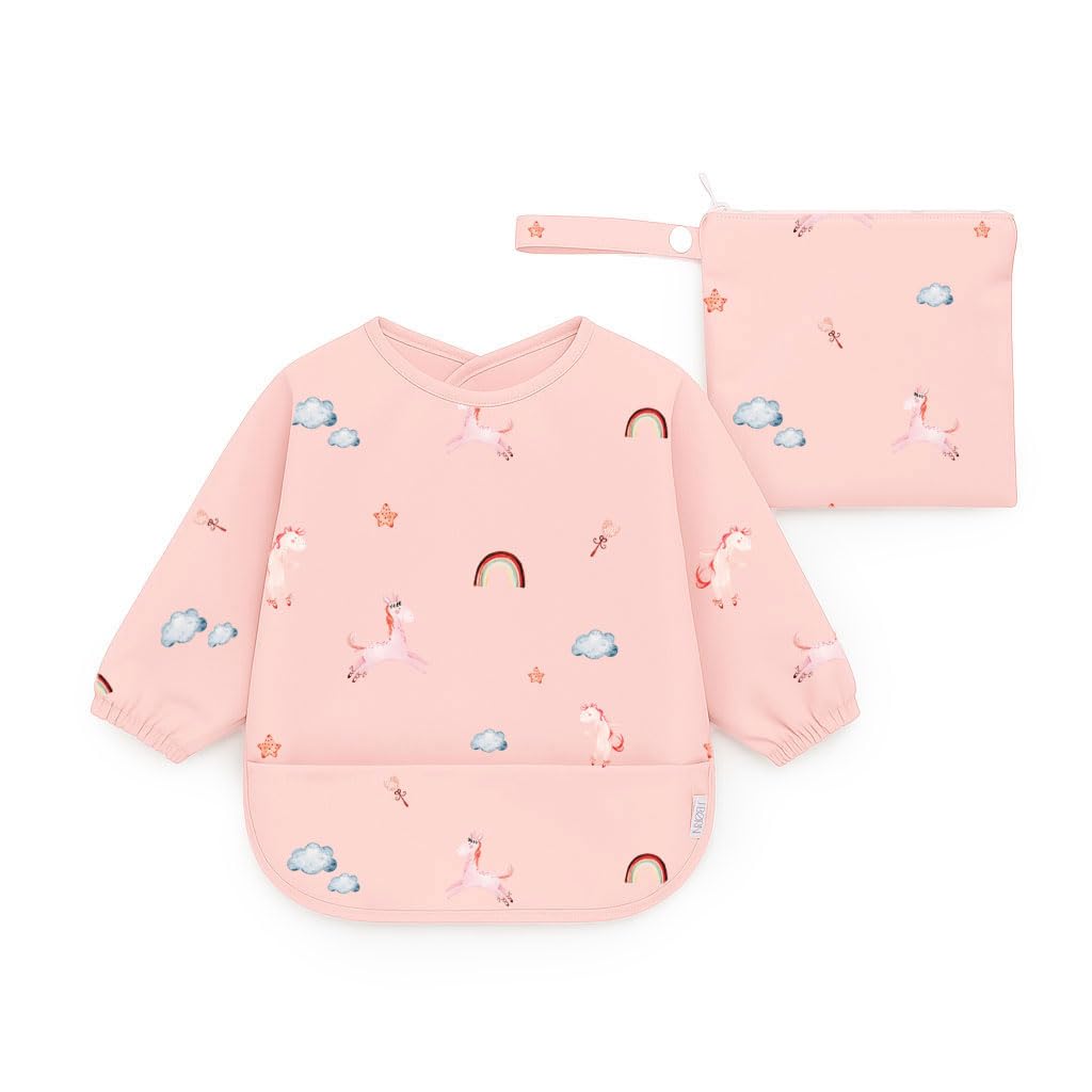 J.Børn BLW Long Sleeve Baby Feeding Bib 6-12M - Waterproof Coverall Weaning Bibs + Free Matching Storage Bag for Baby Led Weaning (Unicorns)