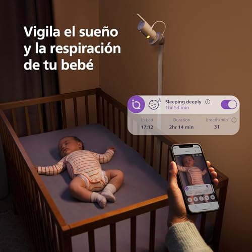 Monitor de Bebé PHILIPS Avent Premium com App - Câmara HD de 1080 pixels, rastreamento de sono e respiração por IA, tradução de choro, certificado DEKRA, Suporte de Parede, SCD974/26