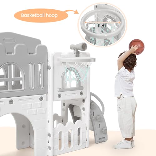 Garvee 8-in-1 Toddler Slide Playset for Kids Age 1-3, Freestanding Indoor Outdoor Baby Playset with Basketball Hoop, Steering Wheel, Telescope, Crawl Tunnel and Toy Storage