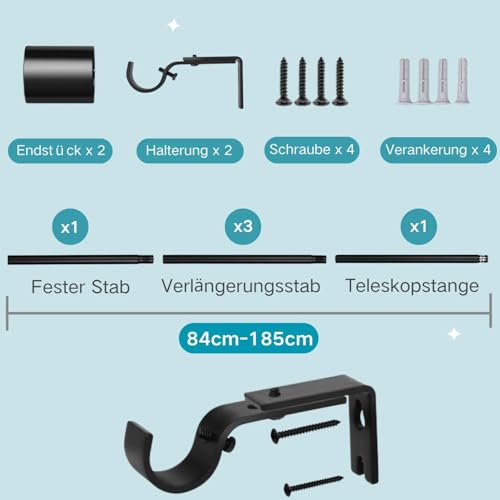Curtain Rod Rod Curtain Poles with Support for Living Room Bedroom 84-185 cm (White Φ25 mm)
