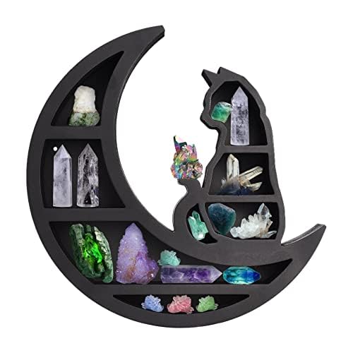 Cat Moon Shelf, Cat on The Moon Crystal Wood Shelf, Crystal Display Shelf, Black Cat Design Cute Crystal Display Shelf for Display of Your Case for Display of Your Crystals, Perfumes,(Cat Moon Shelf)