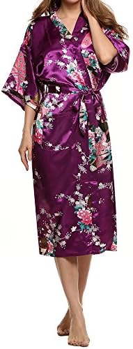 Plumsika Womens Robes Peacock Kimono Silk Nightwear Long Style