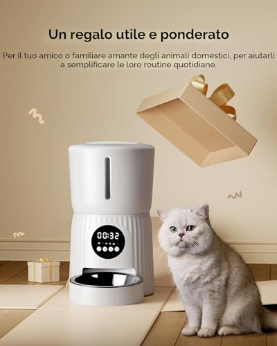 Faroro 4L Automatic Cat Food Dispenser, Cat and Dog Food Dispenser with Stainless Steel Bowl, Timer Function, 1 to 6 Meals a Day