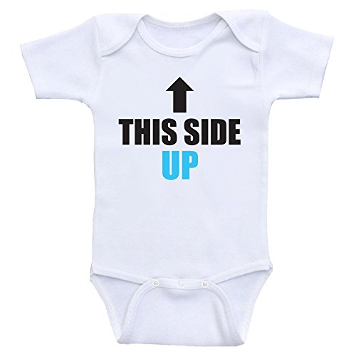 Funny Baby One Piece "This Side Up" Baby Onesies For Boys and Girls (3mo-Short Sleeve, Baby Blue Text)