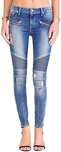 AUSZOSLT Womens Ripped Moto Biker Stretch Skinny Jeans Zip Rider Denim Pants