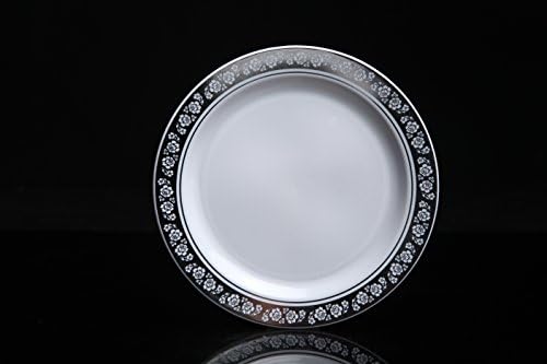 Home Value 10" Elegant Round Plastic Dinner Plates, White and Silver, 120 Count