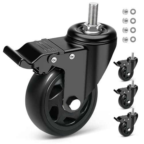 RRIUTO Heavy Duty 100MM Caster Wheels with Brake, 4 Furniture Casters with M10x25mm (3/8" x 1") Screw Stem, Double Bearing Swivel Castors Wheels for Furniture, 4 PU Trolley Castor Load Capacity 500kg