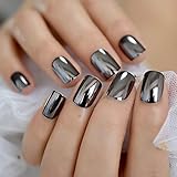 Metal Style Mirror Acrylic Nails Square Silver Black Fake Nails Fashion Manicure Decoration Tips 24pcs with Glue Sticker Z197-2