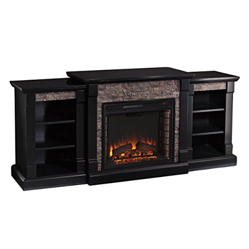 Southern Enterprises Ganyan Faux Stone Electric Fireplace with Bookcase, Black Finish - Thumbnail 4