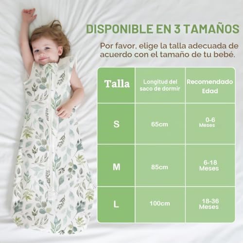 Saco-cama para bebés de verão, saco-cama unissex de 0,5 tog para bebés dos 18 aos 36 meses, algodão 100% respirável, saco ajustável de 85 a 100 cm, padrão de folhas verde-escuras
