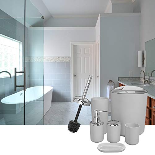 Bathroom Accessories Set 6 Pieces Plastic Bathroom Accessories Toothbrush Holder, Rinse Cup, Soap Dish, Hand Sanitizer Bottle, Waste Bin, Toilet Brush with Holder (White)