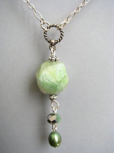 Mint Green Raw Agate Stone Crystal Pearl Y Shaped Drop Pendant Necklace