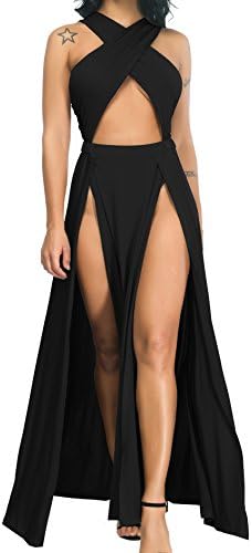 Velius Women Sexy Hollow Out Halter Wrap Sleeveless Plain Pleated Slit  Casual Long Maxi Dress (Medium, Black), Black, M price in UAE | Amazon UAE 