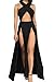Velius Women Sexy Hollow Out Halter Wrap Sleeveless Plain Pleated Slit Casual Long Maxi Dress (Medium, Black)