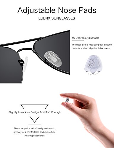 LUENX Aviator Sunglasses Polarized Mens Womens Black Lens Black Metal Frame 60mm