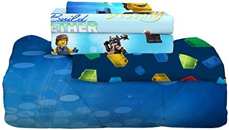 Lego-themed bedding set with comforter and sheet.