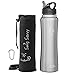Swig Savvy Stainless Steel Insulated Leak Proof Flip Top Straw Cap Water Bottles with Pouch & Clip, Steel, 32oz
