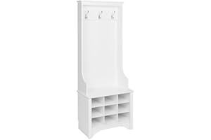 Prepac White Hall Tree, Shoe Cabinet, Storage Cabinet with 9 Shoe Cubbies and 3 Double Coat Hooks 15.5" D x 27" W x 68" H
