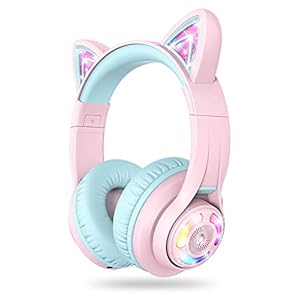 iClever Cat Ear Kids Bluetooth Headphones,LED Light Up On Ear Kids Wireless Headphones with Mic,74/85/94dB Volume…