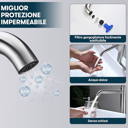 DETBOM 360° Swivel High Basin Tap, Single Lever Hot and Cold Water, Bathroom Mixer Tap in 304 Stainless Steel, Removable Aerator, Brushed Silver