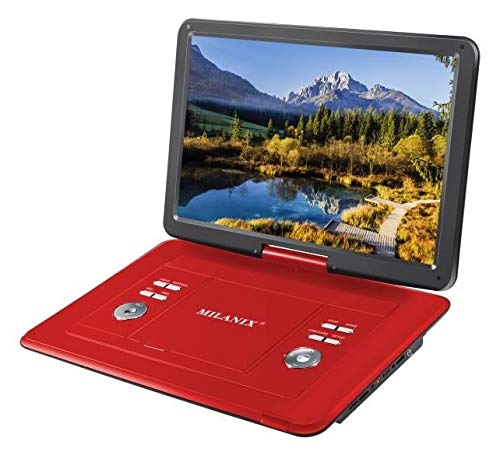 Milanix 15.4" HD Portable DVD Player, CD Player, Swivel Angle Adjustable Display Screen, USB/SD Card Memory Readers, and Built-in Rechargeable Battery with Remote Control, and in-Ear Headphones (Red) - Thumbnail 2