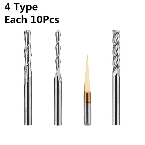 HQMaster End Mill Combination Kit Set CNC Router Bits Cutter Cutting Milling Tool (4 Type, Each 10Pcs) Including Flat Nose/Ball Nose End Mill, 4 Flutes End Mill and 10Â° V-shape Engraving Bits