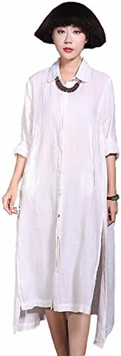 VenuStar Women's Cotton Linen Collar Neck Open Front Botton Down Light Weight Long Shirt (one Size, White)