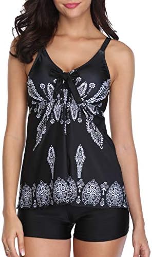 Slivery Color Women's Tummy Control Swimwear Tank Top Retro Printed Swimsuit with Boyshorts Two Piece Bathing Suit Tankini