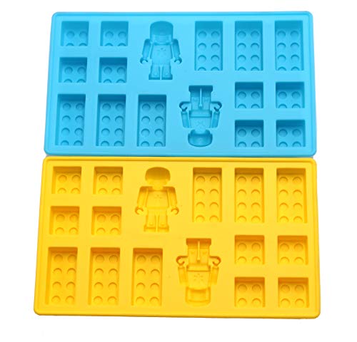 Lego Figure Multi Building Bricks Ice Cube Trays & Candy Chocolate Molds for Melted Chocolate & Crayons - Birthday Day or Party Favors - Set of 2, Much Fun for Lego Lovers(Blue & Yellow)