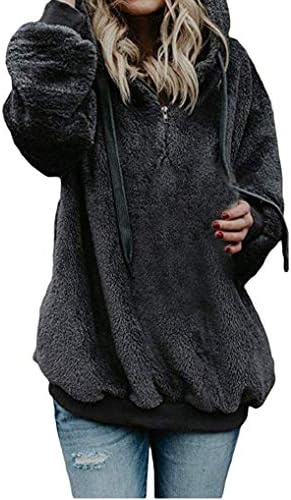 Women Hoodie TUDUZ Ladies Plus Size Long Sleeve Warm-up Faux Fur Zipper Pocket Fleece Hooded Sweatshirt Oversized Coat